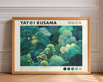 Yayoi Kusama Print – Abstract Botanical Japanese Wall Art, Green Forest Landscape Poster, Japandi Nature Decor