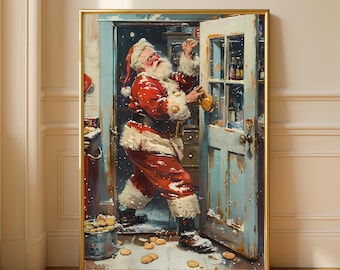 Kerstmanposter - vintage kerstman keuken muurkunst, gezellige kerstkeuken decor print