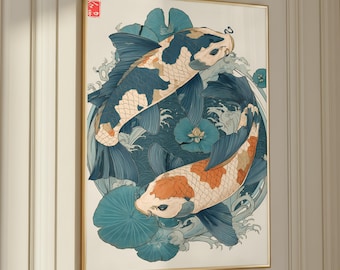 Japanese Koi Fish Art Print – Elegant Emerald Green Zen Decor (Digital Download)