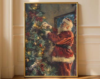 Arte mural navideño de Papá Noel: acogedor póster vintage navideño, decoración navideña para el hogar, impresión de árbol festivo