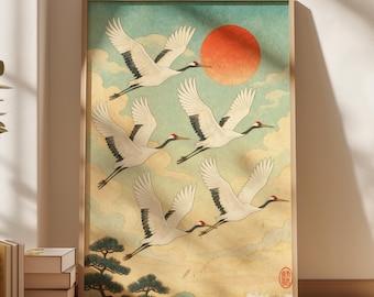 Japanese Crane Print, Vintage Red Sun Bird Art, Japandi Zen Decor (Digital Download)