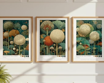 Juego de 3 láminas de arte botánico japonés para pared, estampados florales en verde esmeralda, decoración de pared floral Japandi.