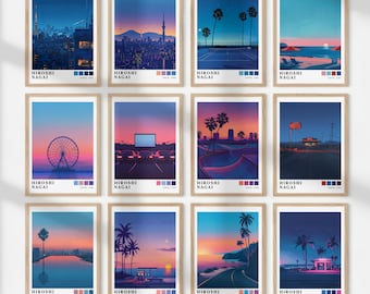 Conjunto de 12 obras de arte de Hiroshi Nagai, impressões de arte pop japonesa inspiradas em cidades, decoração de parede para galeria, download digital.