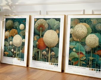 Japanese Botanical Wall Art Set of 3, Emerald Green Floral Prints, Japandi Flower Wall Decor