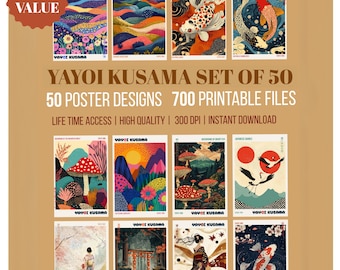 Yayoi Kusama Print Set of 50 – Japanese Wall Art Bundle, Colorful Kusama Gallery Wall Art | Digital Download