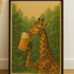 Urkomische Giraffe Bier Poster - Retro Wald Kunst, trinkende Giraffe Illustration, Tier Wandkunst, Sofort Download