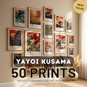Zestaw 50 wydruków Yayoi Kusama – nowoczesna japońska sztuka ścienna, zestaw plakatów Yayoi Kusama, kolorowe wydruki ścienne do galerii, plakat wystawowy