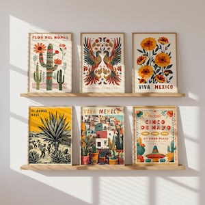 Vintage Mexican wall art prints with folk art inspired illustrations for living room gallery walls