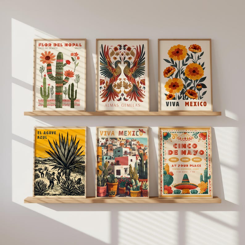 Vintage Mexican wall art prints with folk art inspired illustrations for living room gallery walls