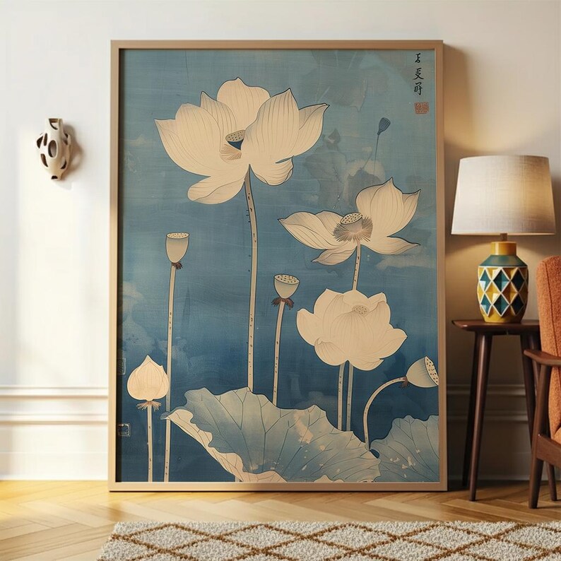 Japanese botanical wall art featuring lotus flowers, inspired by traditional woodblock prints and zen decor aesthetics.