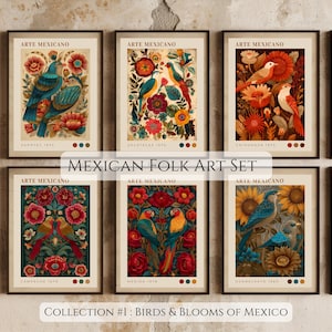 Puede incluir: Un conjunto de láminas artísticas enmarcadas con ilustraciones vibrantes de aves y flores en un estilo de arte popular. Las láminas están etiquetadas como "Arte Mexicano" e incluyen el texto "Mexican Folk Art Set" y "Collection #1: Birds & Blooms of Mexico".