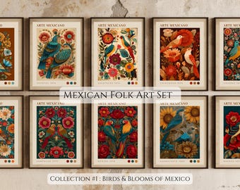 Juego de láminas de arte popular mexicano, arte mural mexicano, juego de pósteres de aves, láminas botánicas coloridas