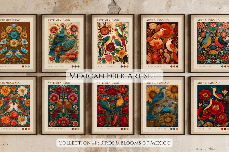 Mexican Folk Art Print Set, Mexican Wall Art, Bird Poster Set, Colorful ...