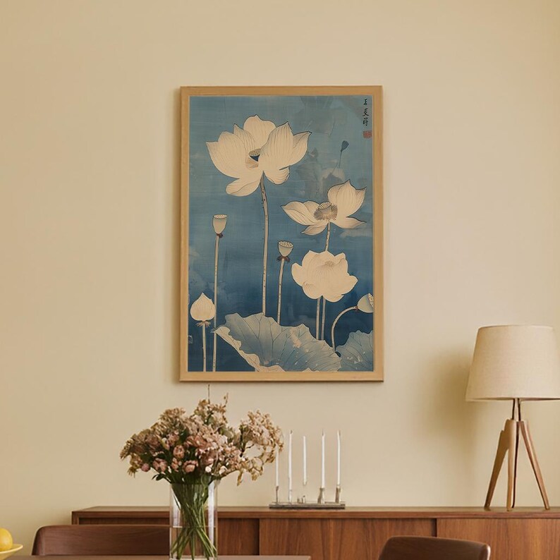 Traditional Japanese art print of lotus flowers, soft neutral palette, perfect for botanical gallery walls.