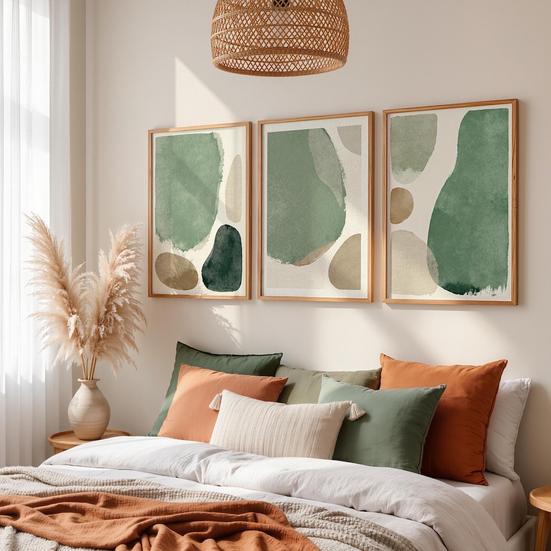 Japandi Wall Art Set of 3, Sage Green Wabi Sabi Wall Art, Minimal ...