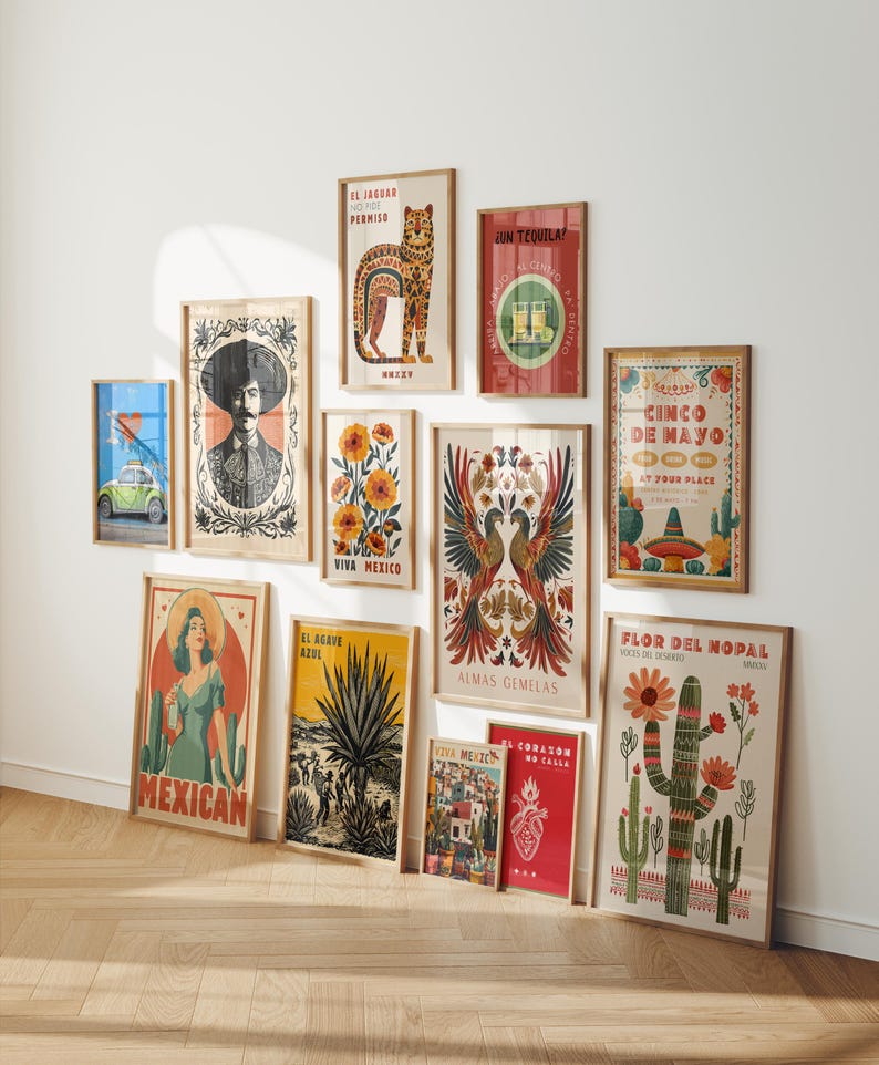 Colorful Mexican decor printable wall art set designed for eclectic and boho interiors
