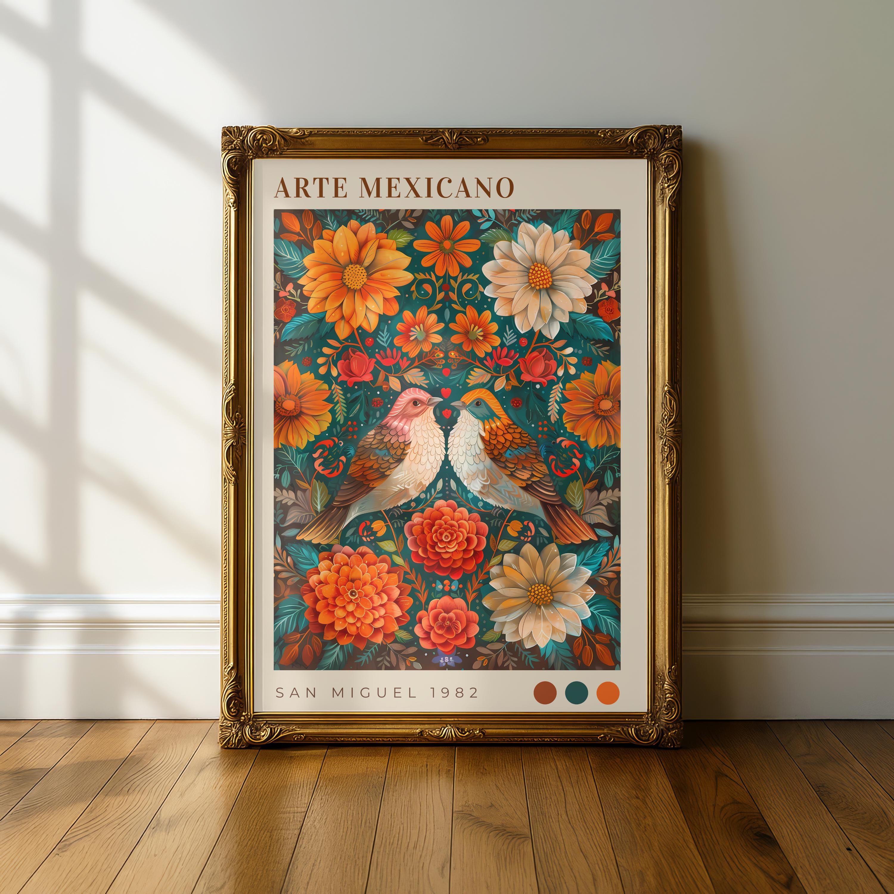 Mexican Folk Art Print - Floral Wall Art, Colorful Bird Poster, Boho ...