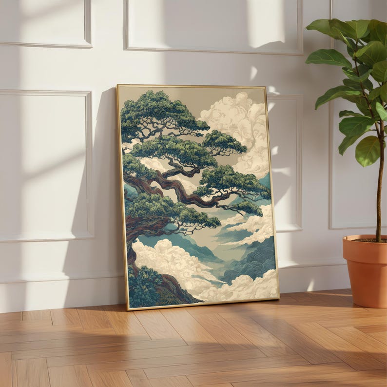 Nature Wall Art print with calming green palette, perfect for Zen and Japandi decor