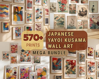 Conjunto com mais de 570 obras de arte japonesas para parede, incluindo gravuras de Yayoi Kusama, coleção de pôsteres japoneses (Japandi) e kit para montar uma galeria de parede.