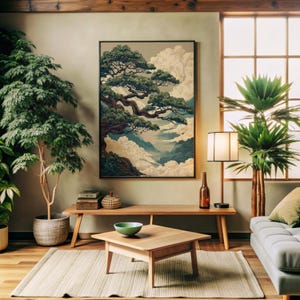 Zen Wall Art with calming green tones and flowing clouds in a vintage Japanese landscape style