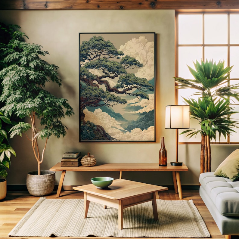 Zen Wall Art with calming green tones and flowing clouds in a vintage Japanese landscape style
