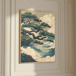 Calming Wall Art showcasing a Japanese pine tree scene for minimalist and Zen interiors