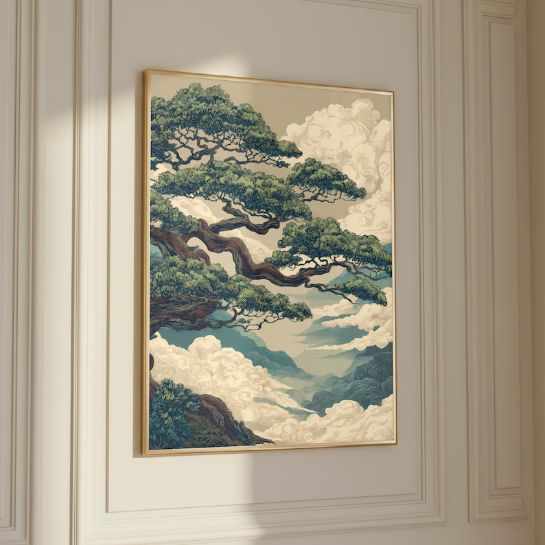 Calming Wall Art showcasing a Japanese pine tree scene for minimalist and Zen interiors