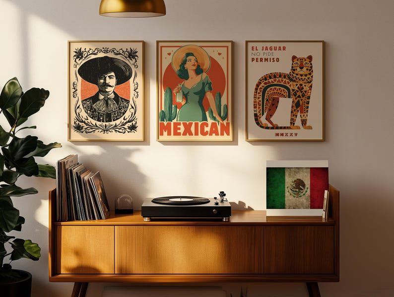 Mexican decor gallery wall set combining cacti, agave, florals, and iconic Mexican symbols