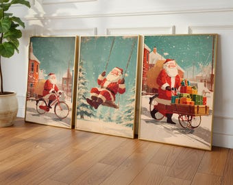 Santa Wall Art Set - Christmas Wall Art Prints, Retro Santa Claus Print, Cozy Christmas Decor