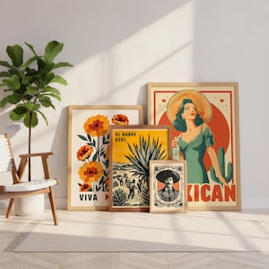 Mexican folk art gallery wall set with vibrant cultural symbols and retro poster style