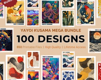 Conjunto de 100 gravuras de Yayoi Kusama, arte de parede japonesa, pôsteres coloridos de Yayoi Kusama, gravuras abstratas de bolinhas, conjunto para composição de parede em galeria.