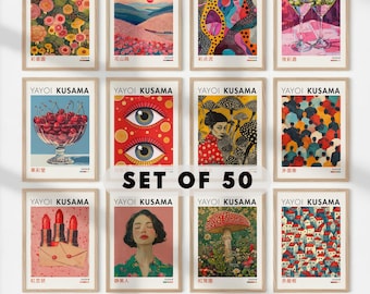Conjunto de 50 gravuras de Yayoi Kusama – Pacote de arte de parede japonesa, pôsteres para exposições, decoração de galeria, download digital