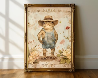 Whimsical Frog Folk Art Print – Cottagecore Botanical Wall Art, Vintage Woodland Illustration | Digital Download