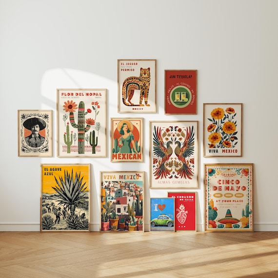 Mexican Wall Art Set of 12, Vintage Colorful Mexican Prints, Eclectic Gallery Wall Decor, Spanish Wall Art