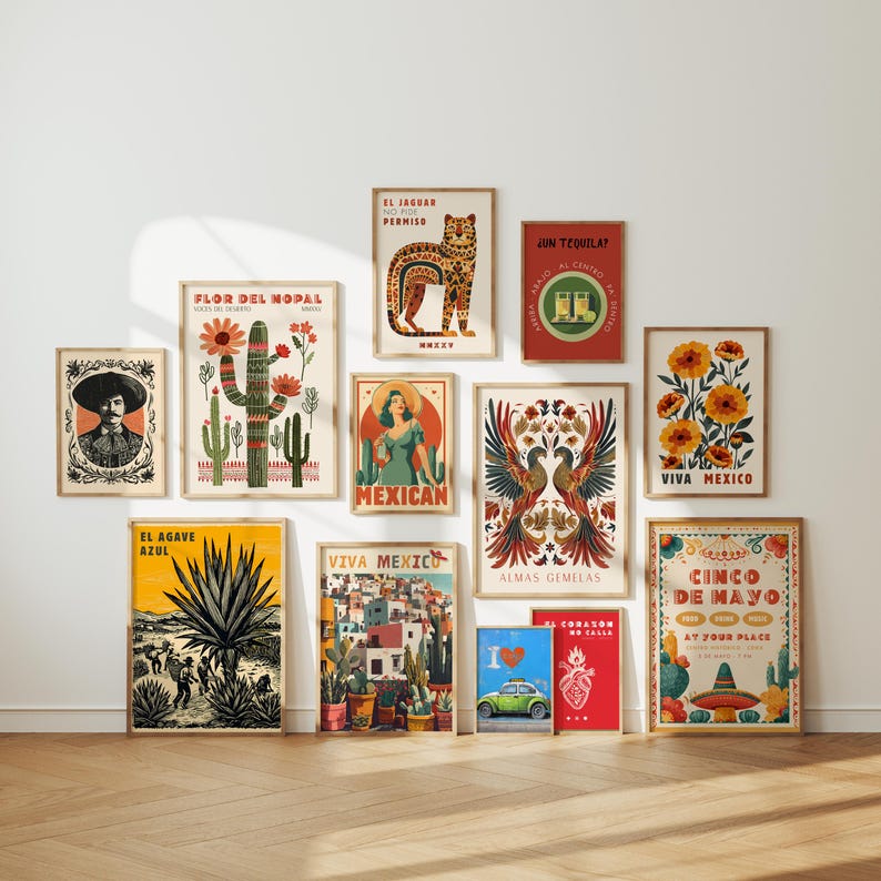 Mexican wall art set of 12 featuring vintage colorful Mexican decor prints for bold gallery wall styling