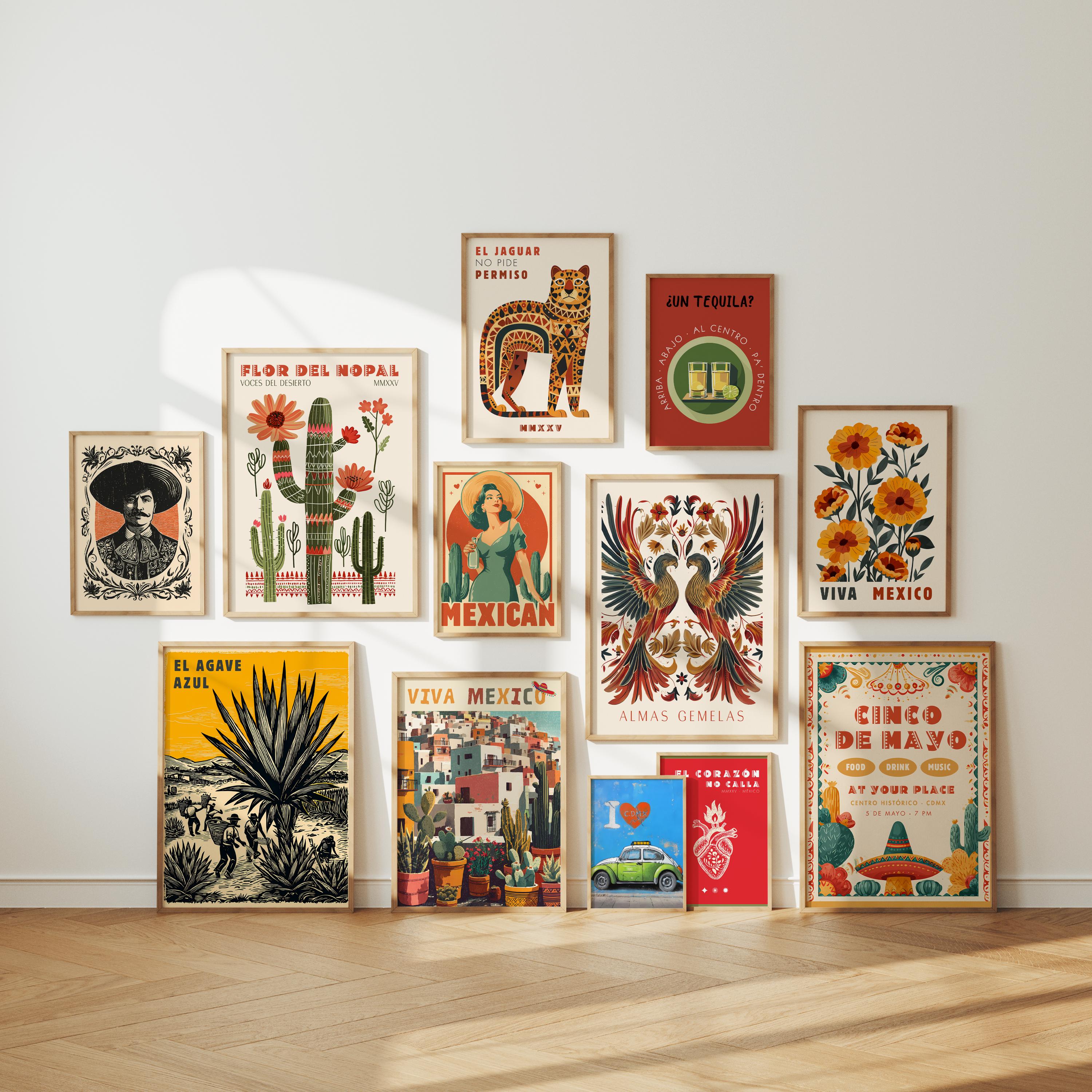 Mexican Wall Art Set of 12, Vintage Colorful Mexican Prints, Eclectic ...