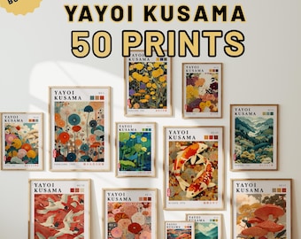 Conjunto de 50 gravuras de Yayoi Kusama, pacote de arte de parede japonesa, galeria de arte botânica, conjunto de arte japonesa para imprimir