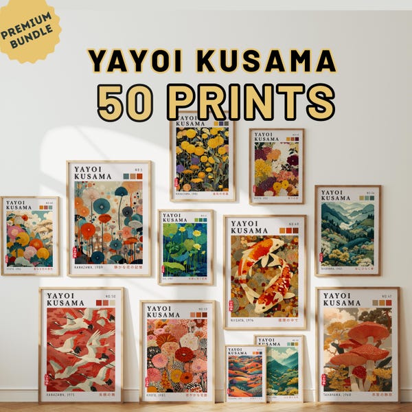 Yayoi Kusama Print Set of 50, Japanese Wall Art Bundle, Botanical Gallery Wall Art, Printable Japanese Art Set