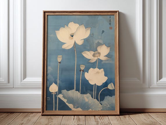Japanese Lotus Flower Poster, Blue Zen Wall Decor, Vintage Japandi Decor, Retro Botanical Print (Digital Download)