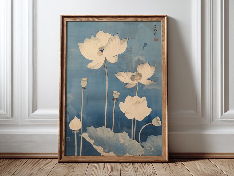 Vintage Japanese lotus wall art print in ukiyo-e style botanical illustration with soft blue tones and delicate linework.