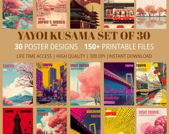 Japanese Wall Art Set of 30, Yayoi Kusama Inspired Colorful Japanese Art Prints,  Modern Travel Poster