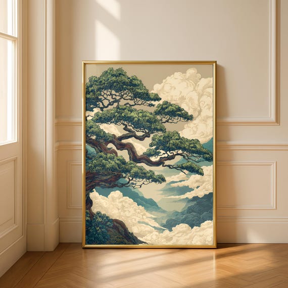 Japanese Pine Tree Wall Art, Vintage Japanese Art Print, Botanical Wall Art, Japanese Landscape Poster, Calming Green Nature Wall Art