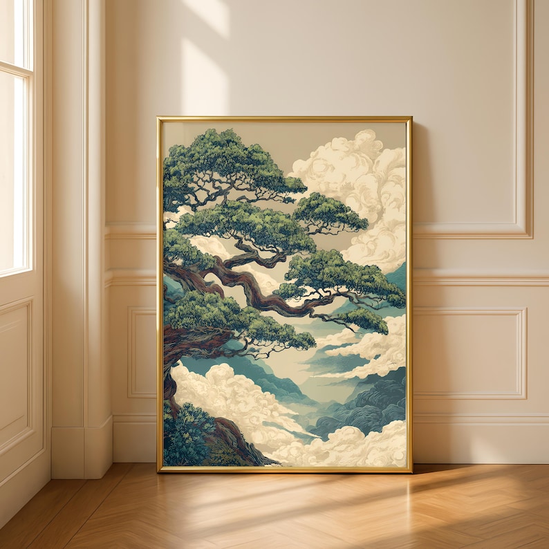 Japanese Wall Art featuring a serene pine tree landscape inspired by traditional woodblock print aesthetics