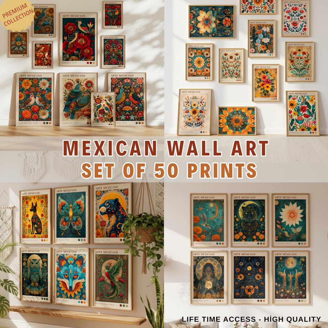 Mexican Wall Art Set of 50 – Traditional Folk Floral Gallery Prints - Etsy