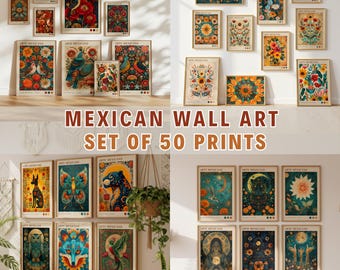 Juego de 50 impresiones de arte mural mexicano: galería de impresiones florales tradicionales