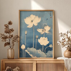 Botanical Japanese art print featuring lotus stems and leaves, inspired by classic Edo-period compositions.