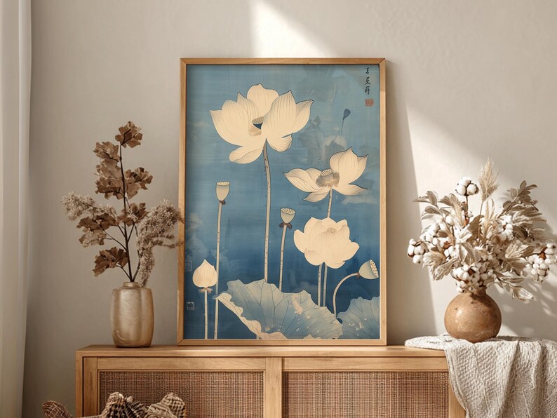 Botanical Japanese art print featuring lotus stems and leaves, inspired by classic Edo-period compositions.