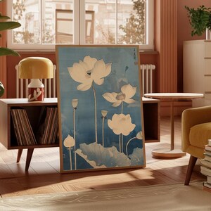 Ukiyo-e lotus flower art print designed for Japandi interiors, minimalist homes, and calming wall decor.