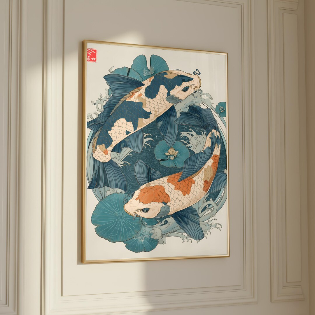 Japanese Koi Fish Art Print – Elegant Emerald Green Zen Decor (digital ...
