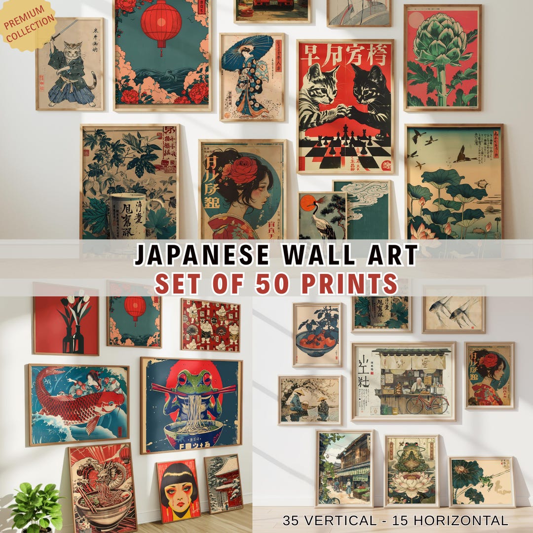 Japanese Wall Art Set of 50, Vintage Japanese Poster, Eclectic Gallery ...